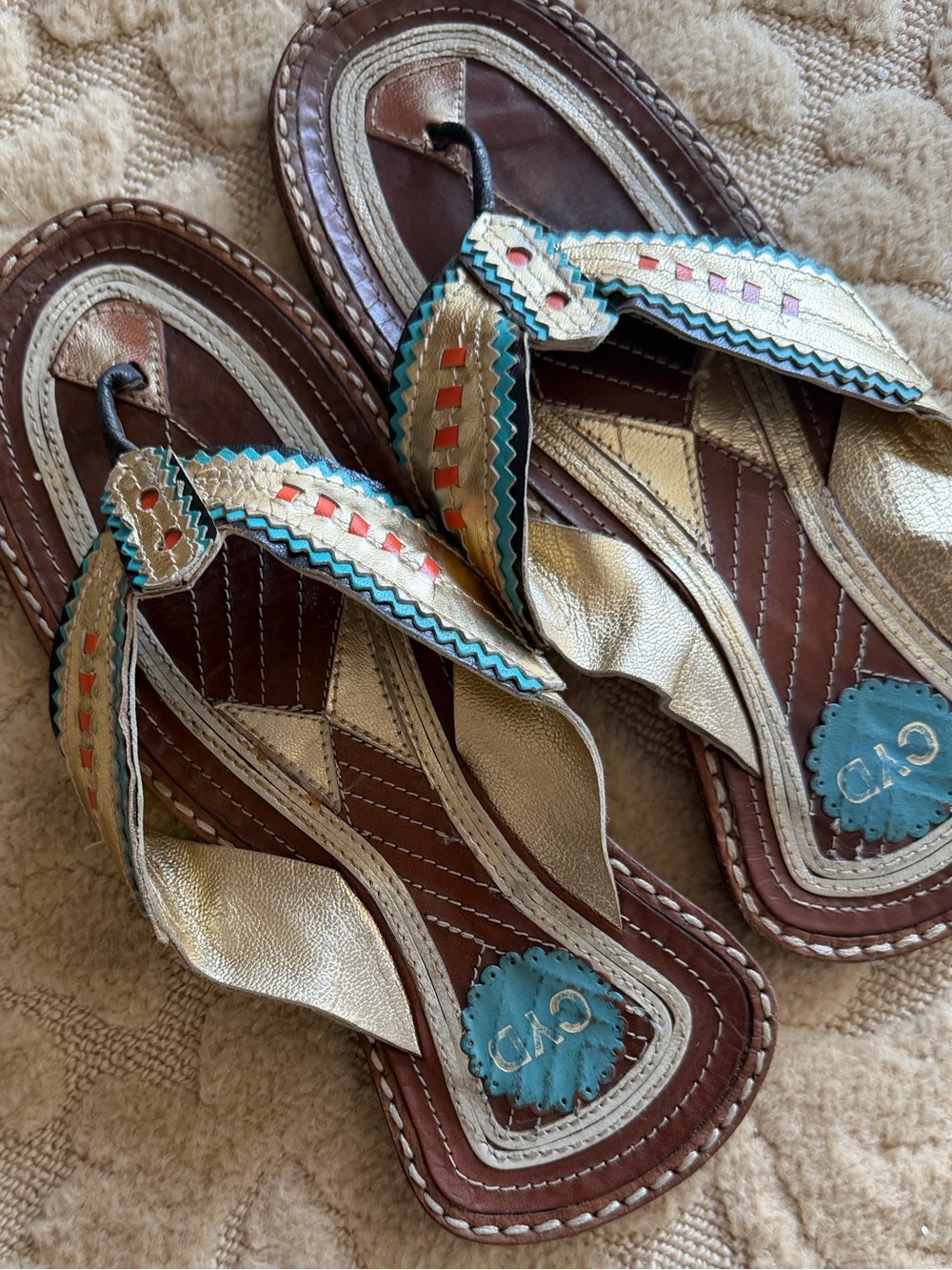 Metallic Gold, Turquoise, and orange Leather Thong Sandal handmade!